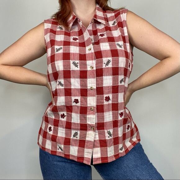 Vintage 90s XL Floral Embroidered Gingham Print Sleeveless Button Down Blouse - Picture 6 of 12